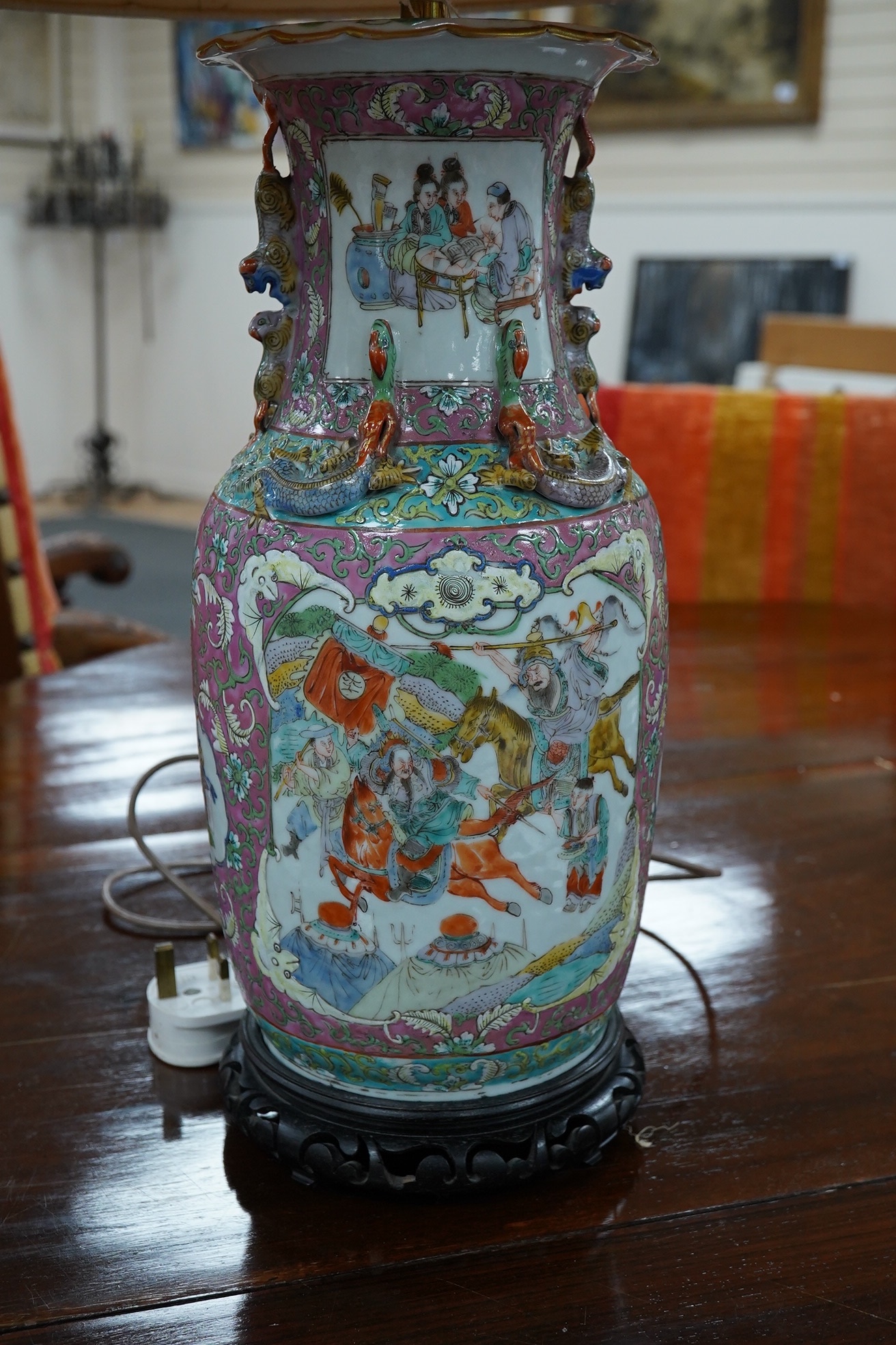 A 19th century Chinese famille rose vase converted to a lamp, 82cm total. Condition - fair to good, not tested